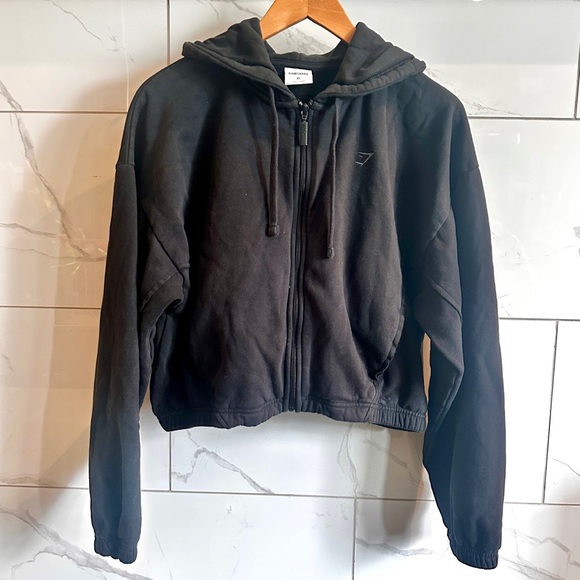 Gymshark Tops - Gymshark Cropped Fleece Zip Hoodie Black Oversized